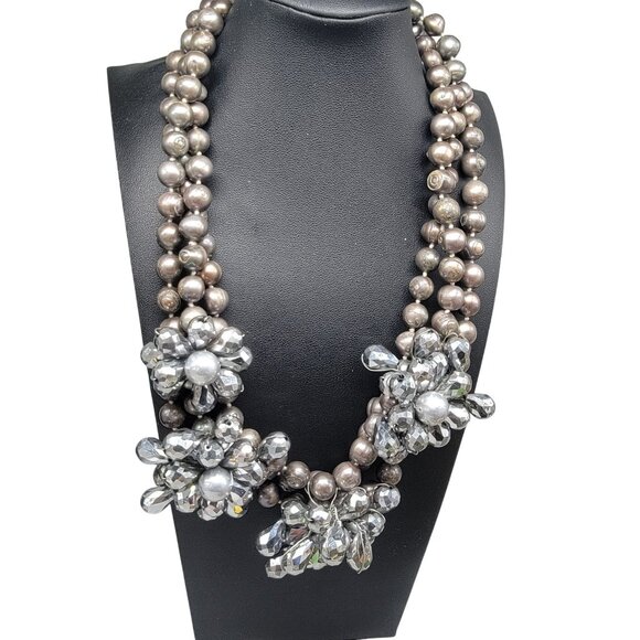 Runway Style Silver Multistrand Baroque Pearl Wired Fauceted Glass Bead Flowers - Picture 1 of 16
